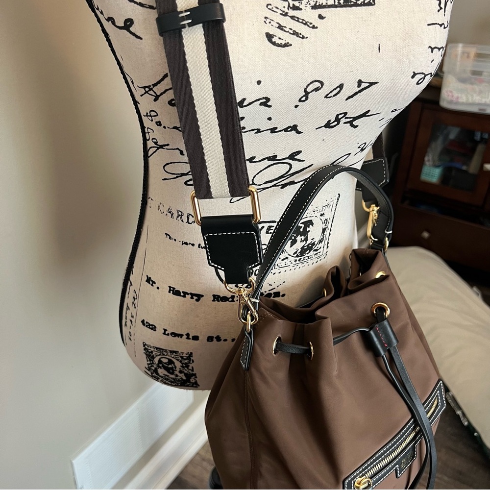 Frances Valentine Brown fabric Black leather trim Drawstring bucket crossbody - Picture 4 of 11